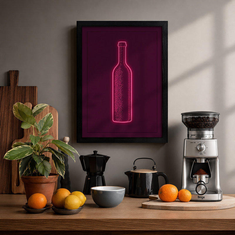 Neon Wine Bottle Modern - Print, A2 - 59.4 x 42.0 cm, Black