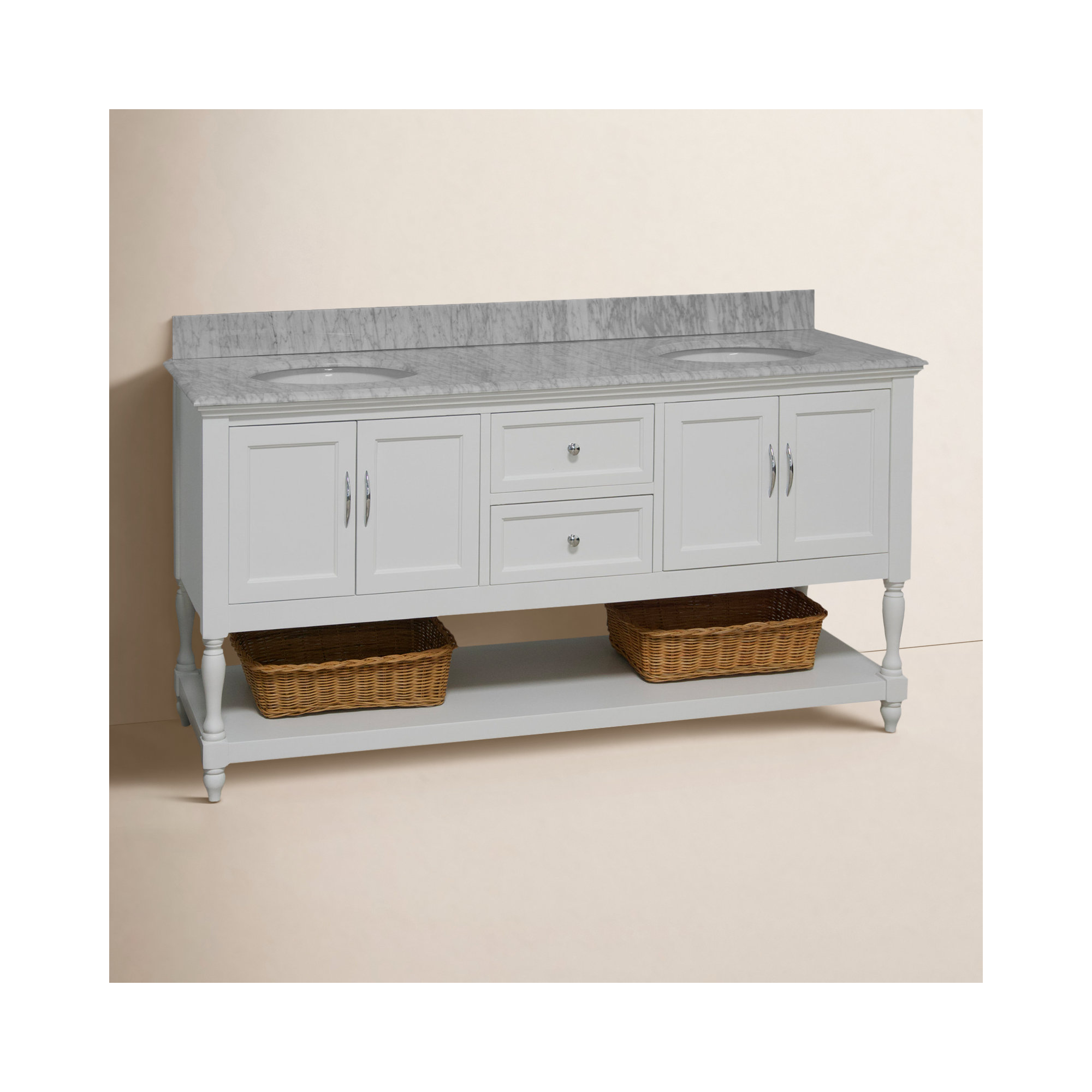 Hampton 72'' Double Bathroom Vanity, White, Carrara Marble