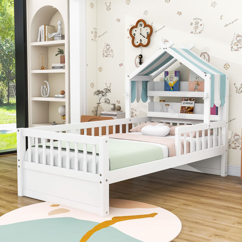 Dreamy House-Shaped Bed with Roof-Style Frame and Storage Shelf, Twin, White