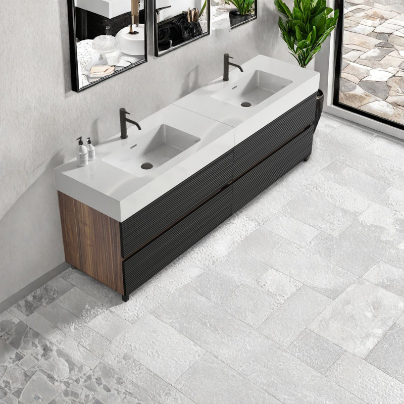 Meuble-lavabo flottant moderne 72 po avec lavabo à quartz noir, finition bois