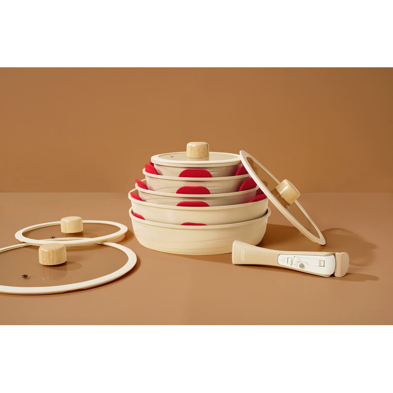 14-Piece Premium Cookware Set, Cream Color | 100% Aluminum with Ceramic Coating, Induction Base | Includes 18 cm, 22 cm Pots & 24 in, 28 in Pans, Wok | Ergonomic, Stackable, Microwave & Oven Safe, PFOA-Free