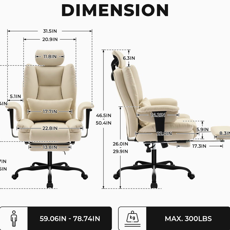 Chaise de bureau beige de haute qualité avec des caractéristiques ergonomiques, un double rembourrage à ressorts et une capacité de charge de 200 kg pour les grands utilisateurs