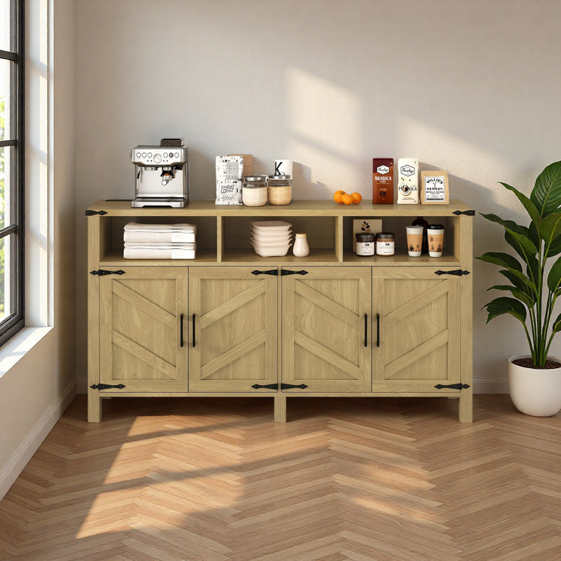59'' Modern 4-Door Sideboard Buffet With Power Outlets & USB Ports, Adjustable Shelves And Half-Open Storage Cabinet, Metal Accents & Aluminum Handles For Living Room, Dining Room, Entryway