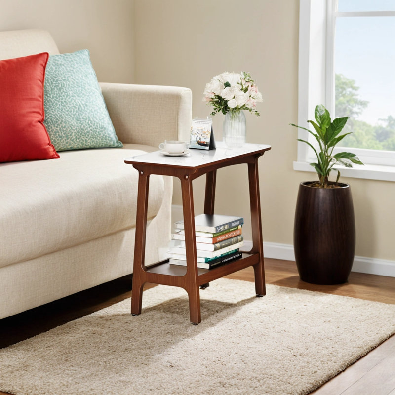 Retro Artificial Rock Slab Side Table,Stylish End Table With Storage Shelf