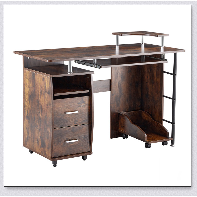 Bureau d'ordinateur en bois massif, table de bureau avec tablette PC, tablettes de rangement et classeur