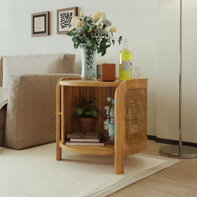 table basse Table basse ronde rotative moderne avec rangement en rotin et caché