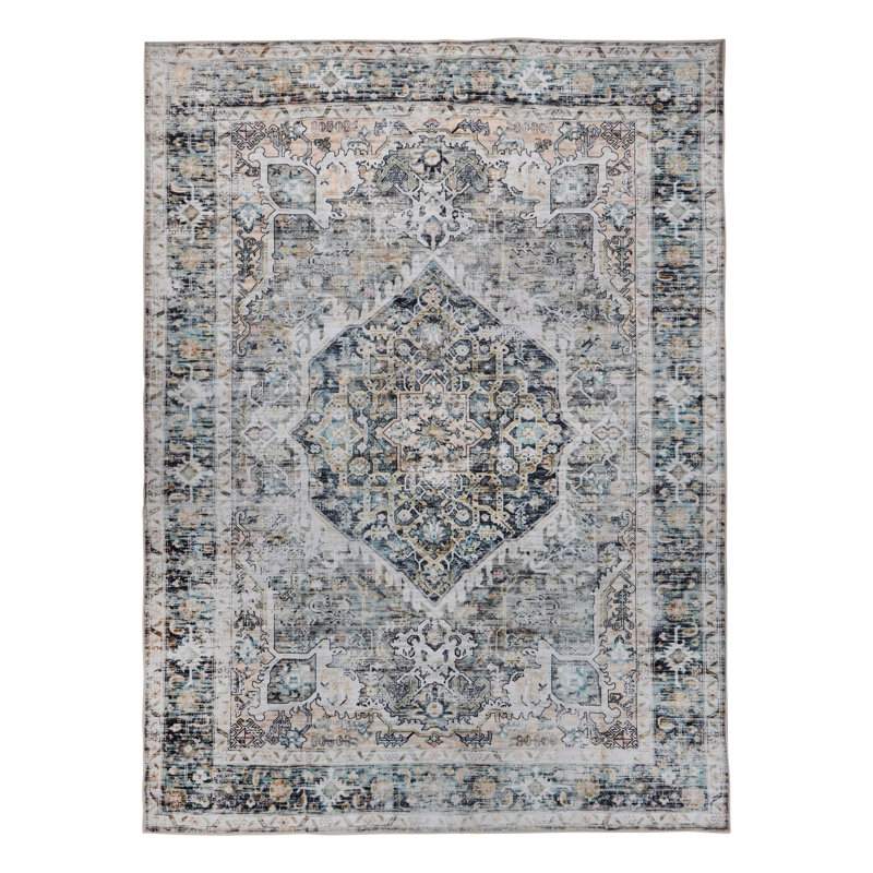 Bungalow Rose Soft Gray Blue Machine Washable Area Rug – Non-Slip, Stain Resistant, GRS Certified, for Bedroom, Living & Dining