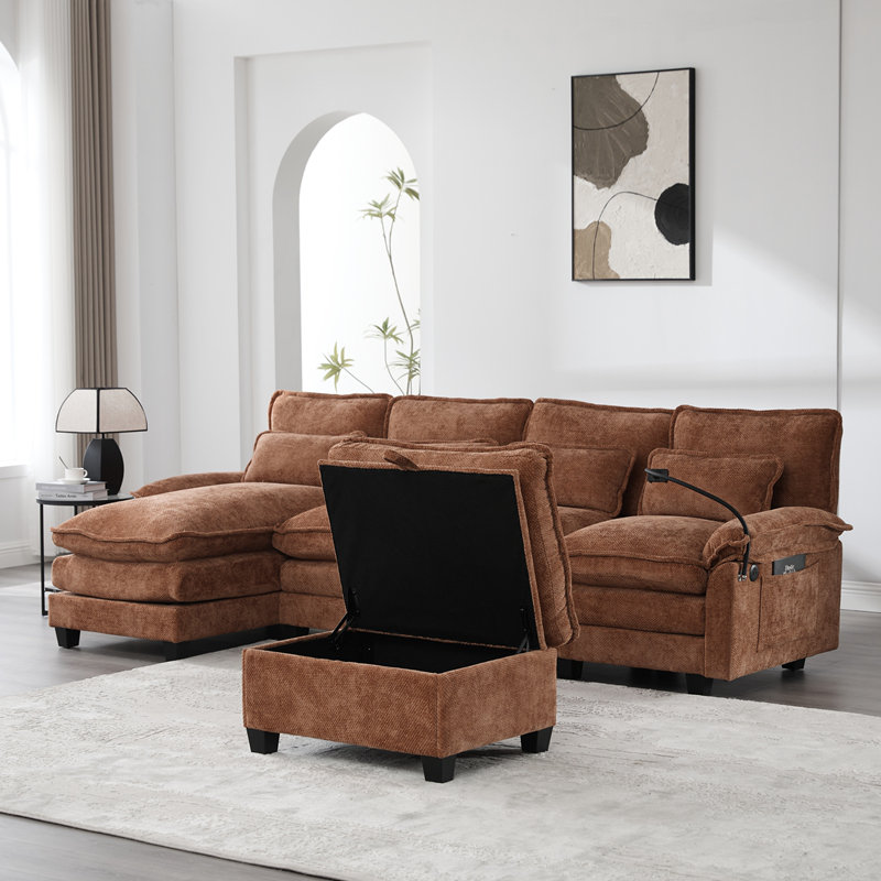 Canapé modulaire en forme de U de 106 po UNI US WIN, revêtement en chenille, conception modulaire confortable avec méridienne, repose-pieds et coussins pour le salon