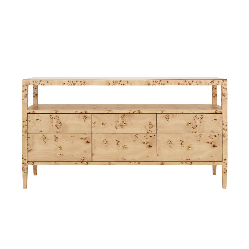 Six Drawer Console With Open Shelf In Burl Wood With Polished Brass Knobs, Burl Wood