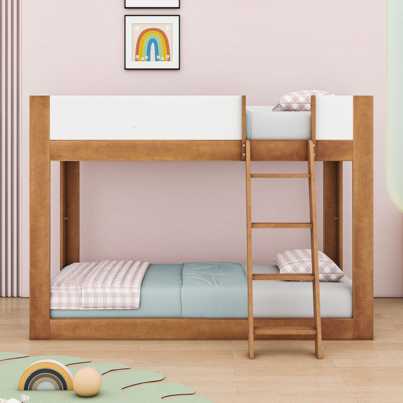 Lit superposé en bois avec échelle réversible et garde-corps, Simple sur simple, Noyer blanc