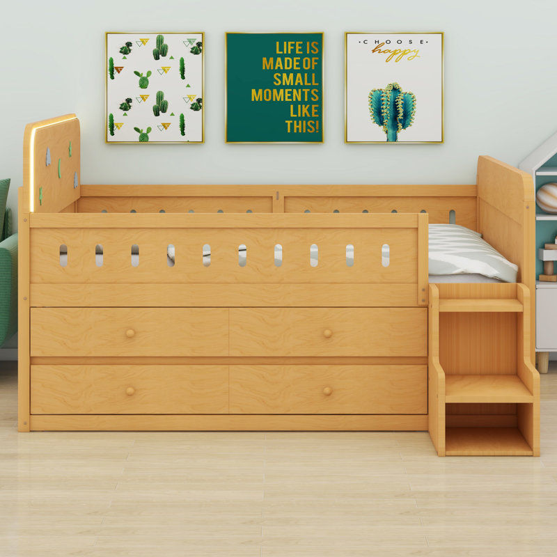 Lit en bois avec lumière DEL, tiroirs de rangement, Bois