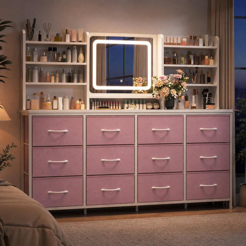 Coiffeuse 63 po avec miroir lumineux, commode en tissu 12 tiroirs avec miroir DEL à intensité variable 3 couleurs et pieds réglables