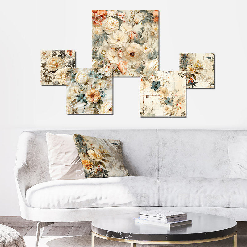 Beige and Blue Floral Patchwork Metal Wall Art Set of 5