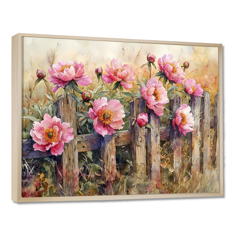 Ferme pivoines par la clôture rustique I - pivoines, art mural, H 30 po x l 40 po, Impression encadrée flottante