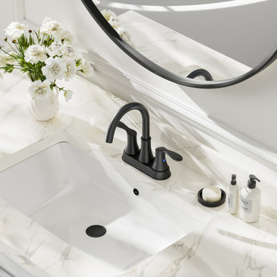 4 Inch Centerset Bathroom Sink Faucet Swivel Spout Matte Black - Complete Set With Pull-Out Sprayer, Metal Pop-Up Drain, Water Supply Lines, 2 Handles For 3-Hole Sinks