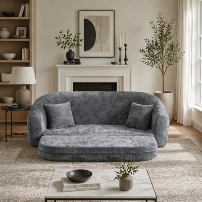 Canapé-lit inclinable incurvé de 87 po, canapé-lit 2 en 1 pliable, avec base coulissante et siège profond, comprend deux coussins, fauteuil inclinable en chenille, aucun assemblage requis, gris