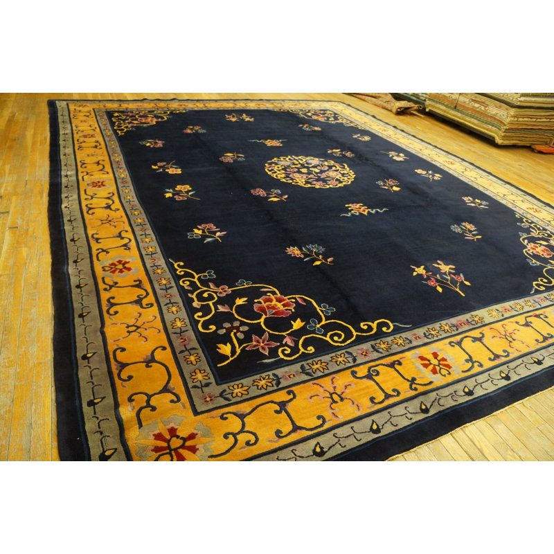 Rectangle 1920s Antique Wool Blue Hand Knotted Pile Large Rug