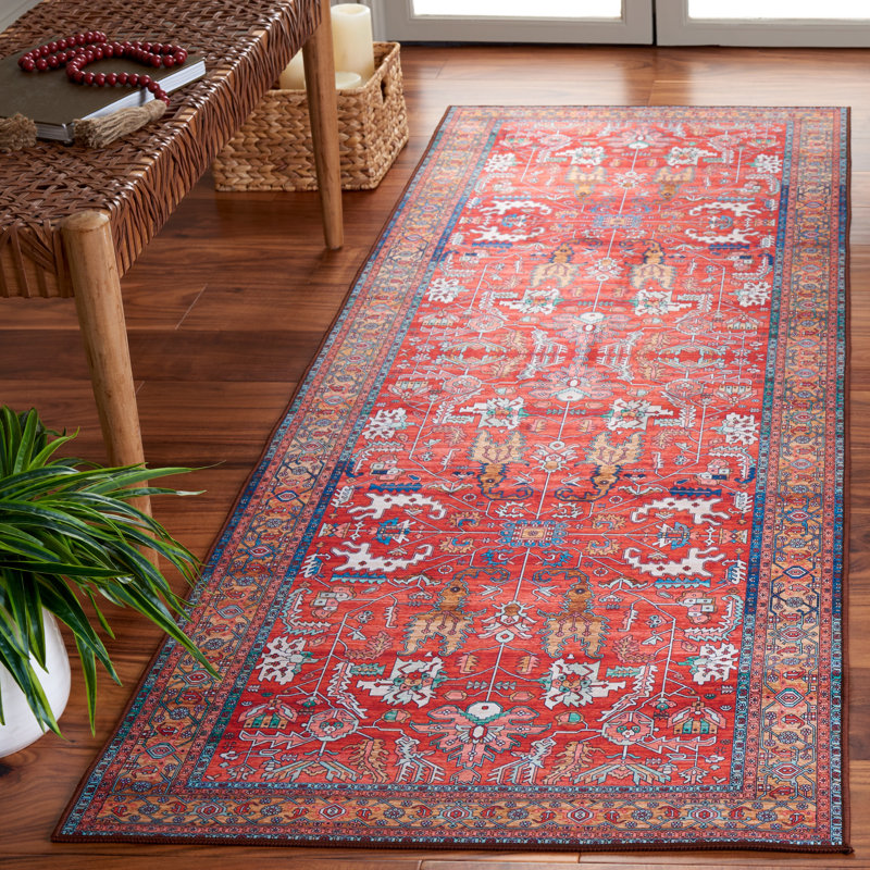 Tucson Vintage Look Machine Washable Non-Slip Area Rug in Red Multi, Runner 76cm x 244cm