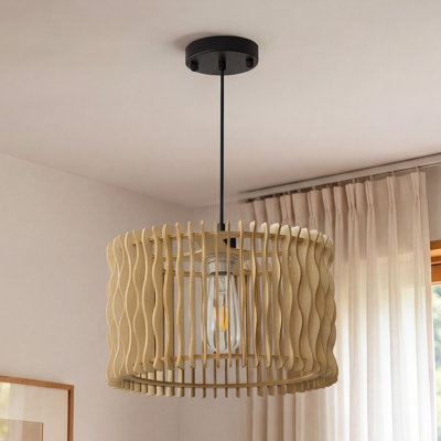 Luminaire suspendu en bois noir mat 1 lumière à hauteur réglable avec abat-jour cylindrique en bois naturel