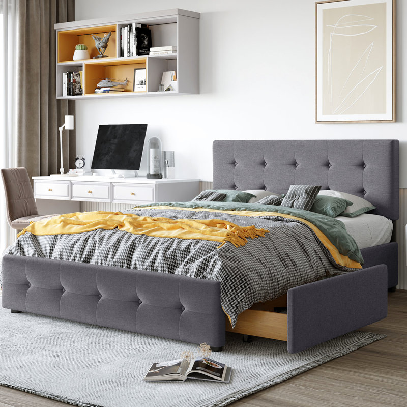 Lit plateforme tapissier gris foncé avec 4 grands tiroirs. Grand. Aucun sommier tapissier requis. Tête de lit remplie de mousse. Cadre en bois. Grande chambre à coucher avec tiroirs de rangement et tête de lit confortable