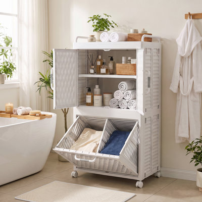 Tall Tilt-Out Laundry Hamper Cabinet with Wheels, Rolling Plastic Laundry Basket Storage Organizer with Handles, Door Hidden Laundry Bins & Open Top Shelf for Bathroom, Laundry Room & Bedroom