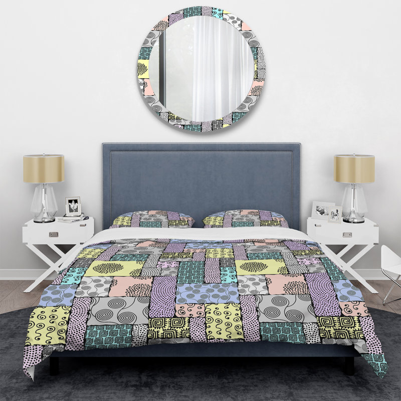 Ensemble de housse de couette en microfibre jaune / mauve / vert, Housse de couette pour grand lit et 2 taies décor
