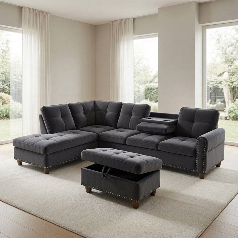 Canapé modulaire en L 3 pièces en L gris et gris avec repose-pieds et porte-gobelets (méridienne gauche)