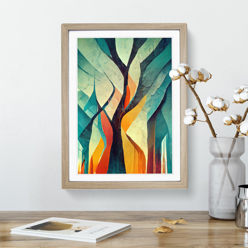 XV1022-4743X Tree Abstract Art No.6 - Wall Art, 48cm H x 36cm W, Oak Framed, White
