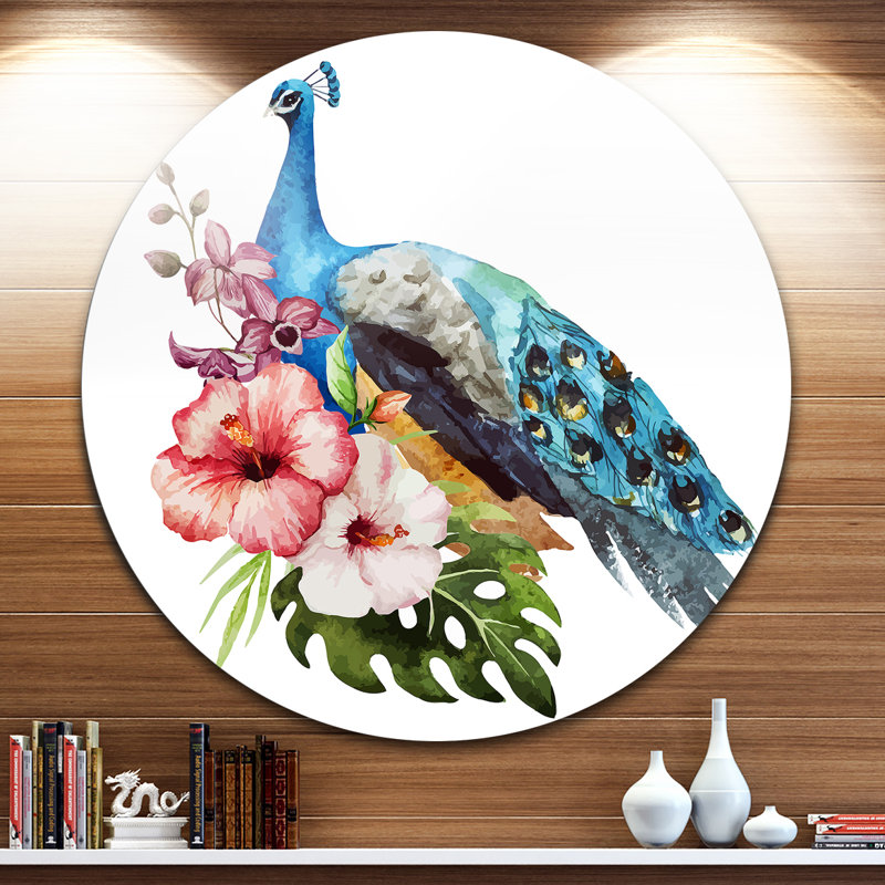 «Hibiscus Flowers and Blue Peacock», peinture, H 36 po x l 36 po x P 1 po, Bois