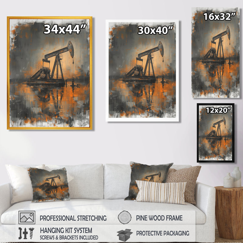 «Grey Orange Winter Oil Fields Powing Iron» - Reproduction d'art mural, Toile avec cadre flottant or