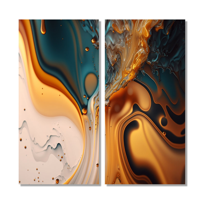 Abstractions fluides jaunes et vertes I - art mural abstrait à encre liquide abstraite 2 pièces, H 40 po x l 40 po
