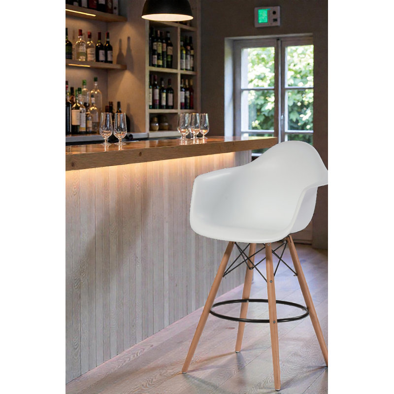 Pangea Home Mid-Century Daphney Accent Stool - Modern Bar Stools – Midcentury Stools - Contemporary Plastic Bar-Height Seating with Footrest, Set of 2 for Kitchen Islands & Home Bars - Modern White Bar Stools