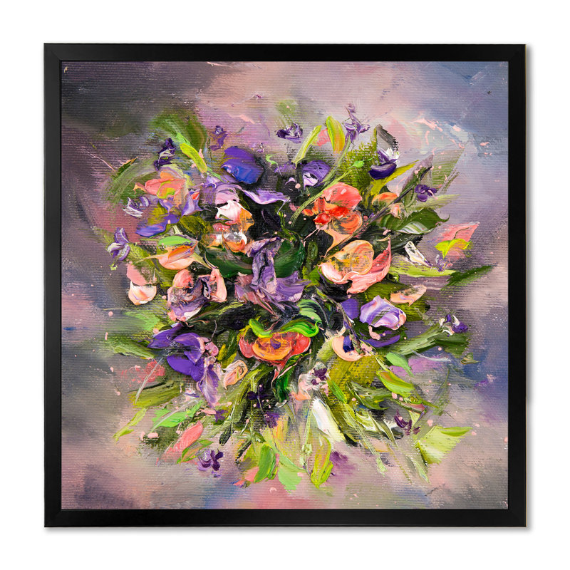 Abstrait fleurs mauves et vertes - art mural traditionnel sur toile, H 16 po x l 16 po x P 1 po