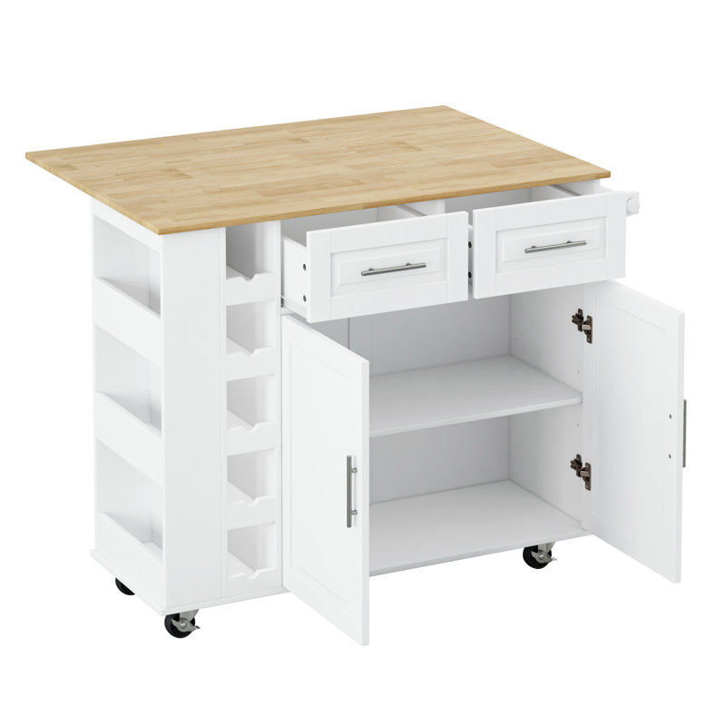 Chariot de cuisine multifonctionnel - armoire à 2 portes, tiroirs, étagère à épices utile, porte-serviette, plateau en bois d'hévéa pliable