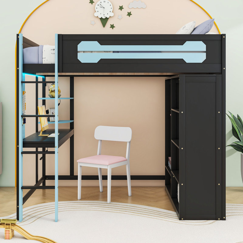 Modern Wood Loft Bed with Built-in Desk, Shelving, and USB Ports, Blue