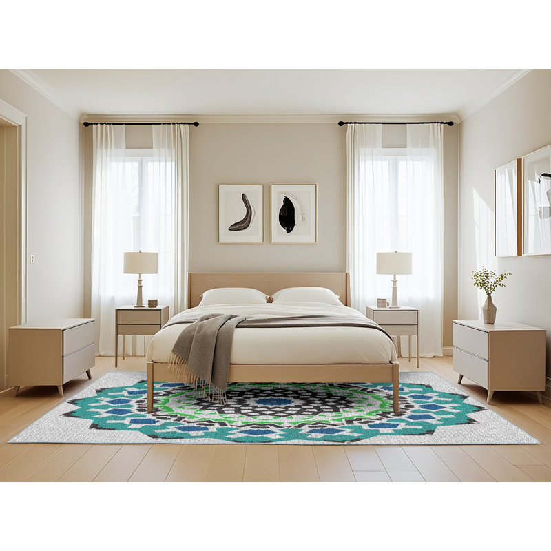 Tapis bleu/vert tissé à la machine, Rectangle 5 pi x 8 pi