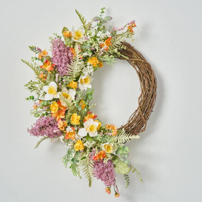Barrière de jardin lilas et jonquille - lilas peint lavande, jonquilles blanches, mini renoncule et couronne de porte d'été printemps sauge