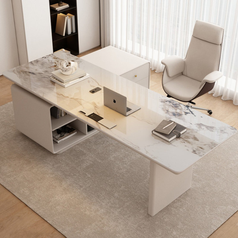 Bureau à 3 tiroirs en pierre frittée en forme de L beige + blanc, 29,53 po H x 70,87 po L x 47,24 po P, Retour à droite
