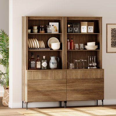 71.6" Tall Fluted Kitchen Pantry Cabinet Set Of 2, Wood Bookcase Display Cabinet With Drawers And Adjustable Shelves, Modern Versatile Cupboard For Dining Room, Bedroom