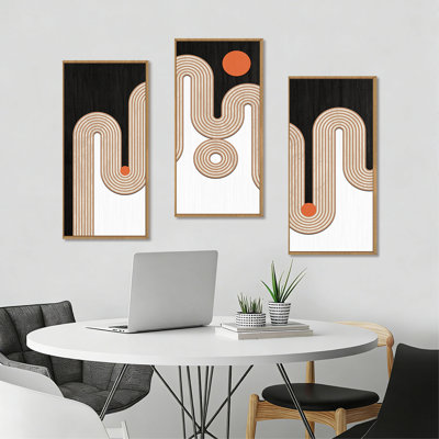 Boho Abstract Wall Art Framed, Minimalist Geometric Shapes Wall Decor, Mid Century Modern Neutral Tones Home Decor For Living Room Dining Room Bedroom, Set Of 3 Each 16x8 Inches Ideal Gift For House