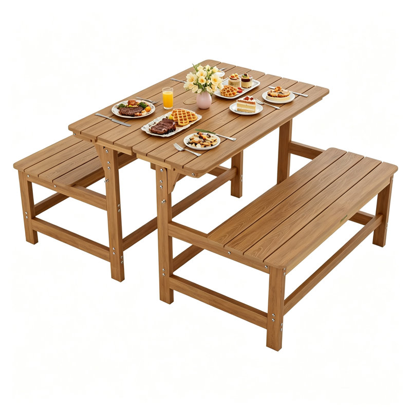 Banc de pique-nique convertible 2-en-1 résistant aux intempéries avec trou de parasol pour cour arrière, porche, patio, terrasse (ensemble de 2 ensembles)