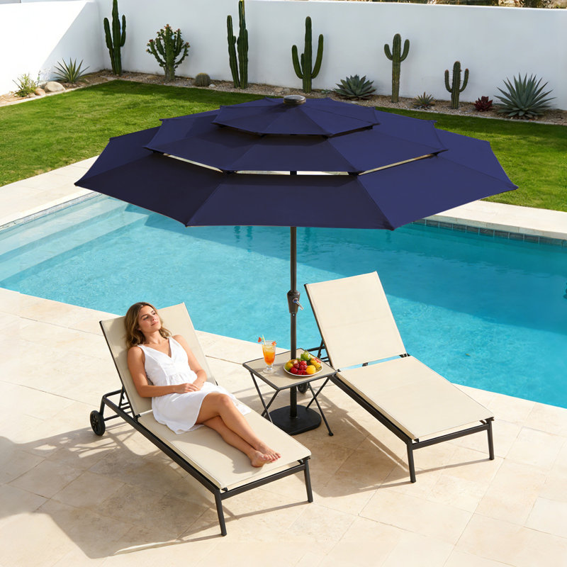 Parasol solaire à 3 niveaux 9pi, lumières DEL, protection UV, manivelle inclinable, ventilé, 8 nervures, bleu, Blue