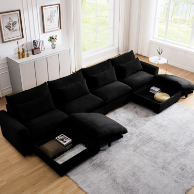 Black Corduroy U-shaped Sectional Couch, 4 Seater With 2 Storage Footrests And Waist Pillows For Living Area, Calmly Room - Harmonious Pillows,