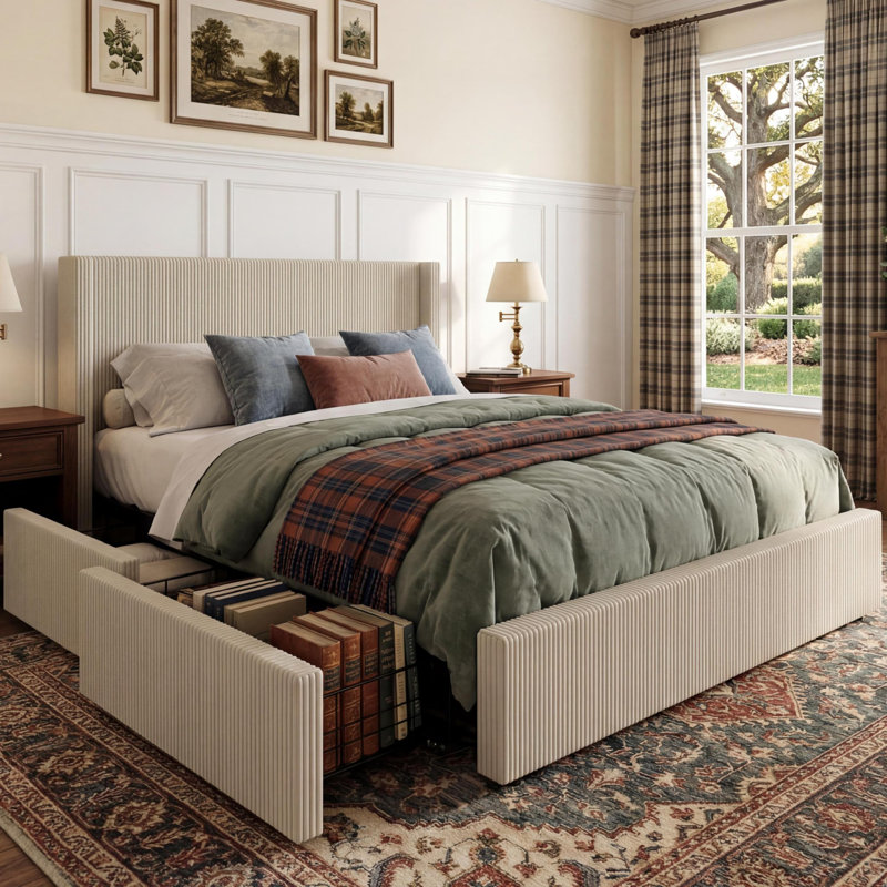 Queen Size Upholstered Platform Bed Frame with Storage Drawers, Corduroy Wingback with Tufted Headboard and Footboard, No Box Spring Needed, Easy Assembly, Cream White