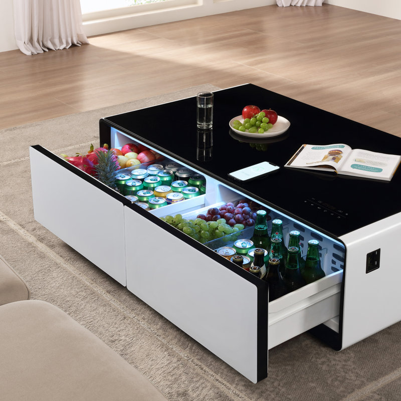 Smart Coffee Table with Dual Refrigerated Drawers Bluetooth Speakers RGB Lighting and Wireless Charging, White