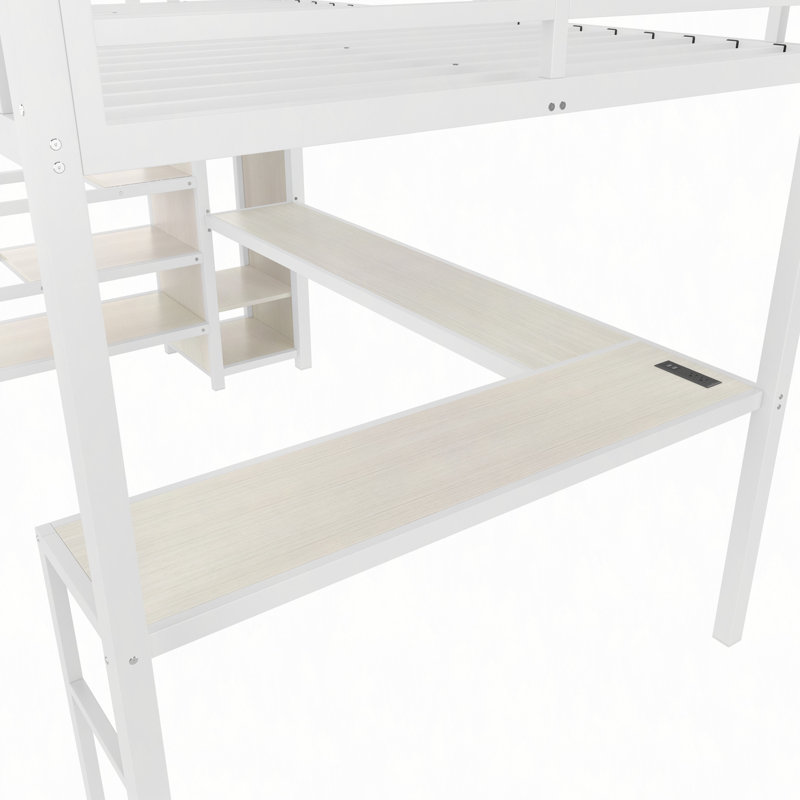 Lit mezzanine avec bureau en forme de L et port USB, lit mezzanine en métal avec garde-robe et tablette réglable, lit mezzanine haut avec grain de bois à DEL