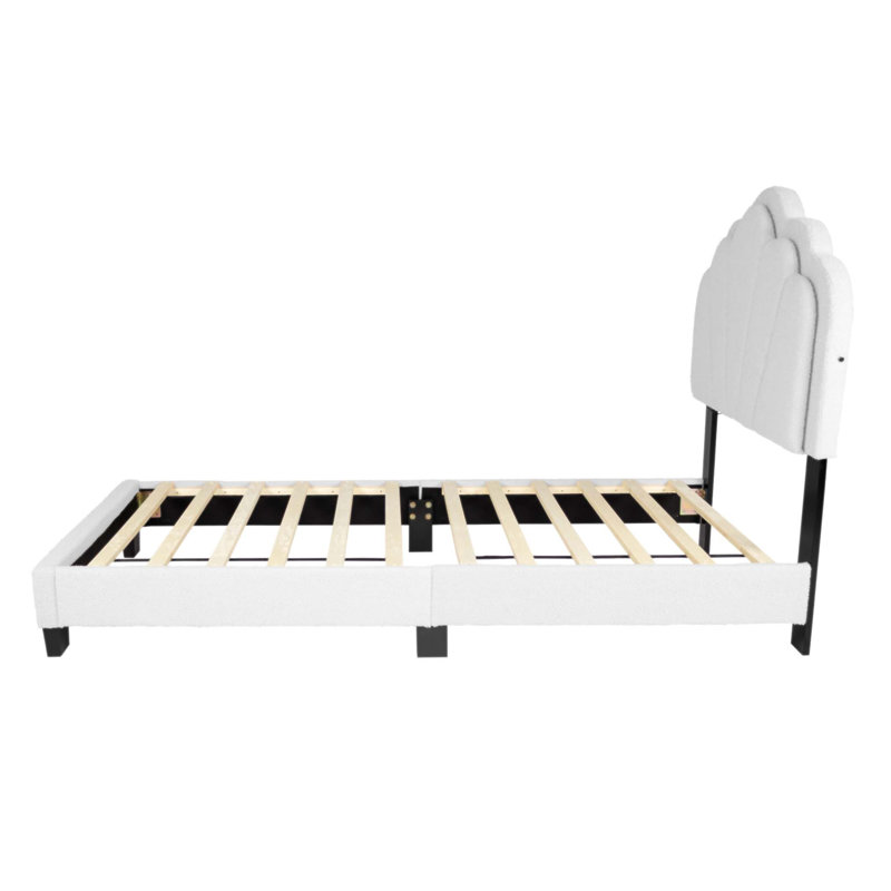 Luxueux lit plateforme en tissu de laine avec tête de lit à DEL et motif floral, parfait pour les chambres modernes et élégantes