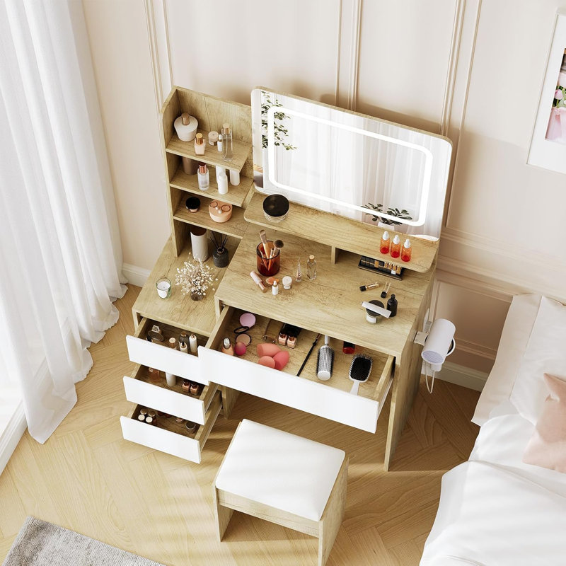 Bureau de coiffeuse moderne avec miroir et lumières DEL réglables, 4 tiroirs, tablettes de rangement, prise de courant, ports USB