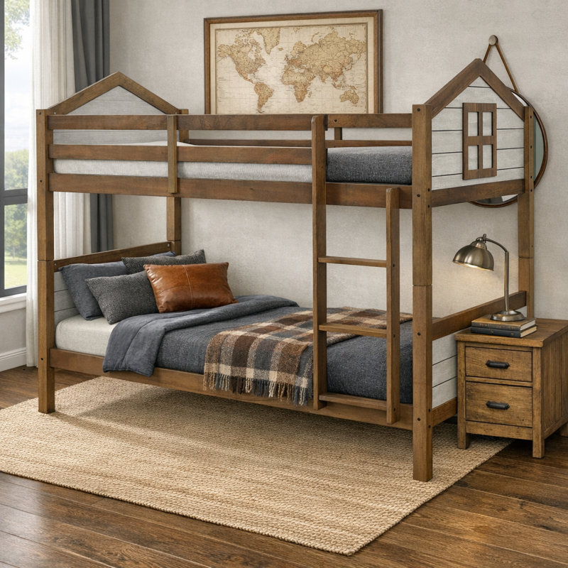 Twin Over Twin Playhouse Bunk Bed with House-Shaped Headboard