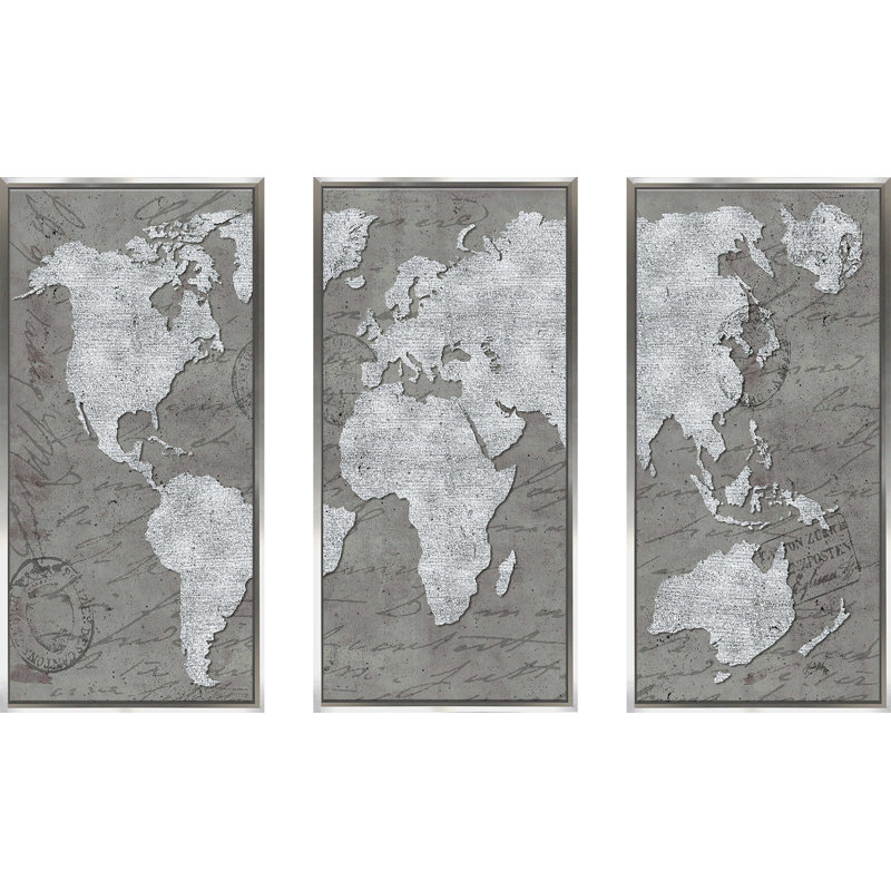 «World Map on Script - 3 pièces flottantes», impression sur toile, L 52,5 po x H 33,5 po